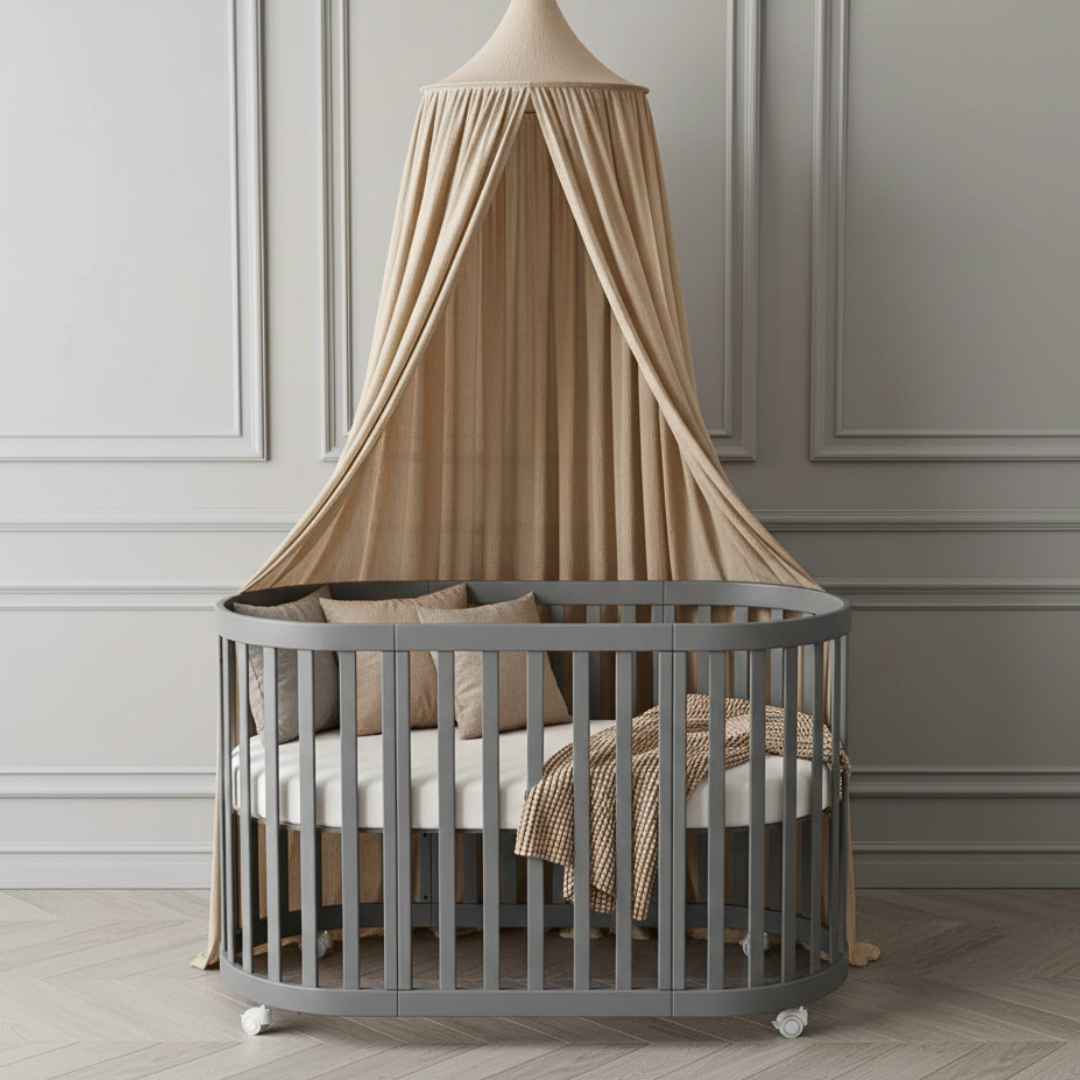 Oválná rostoucí dětská postýlka Mikko Gekko Kids 140x70. Maximální komplet s matrací. Grafitová.